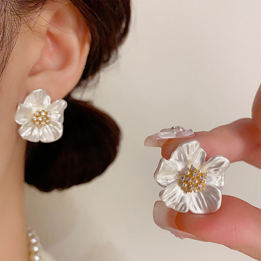 Camellia Pearl Stud Earrings - White Floral Flower Earrings for Women - Titanium Steel Hypoallergenic Gift | AURUM WAVE