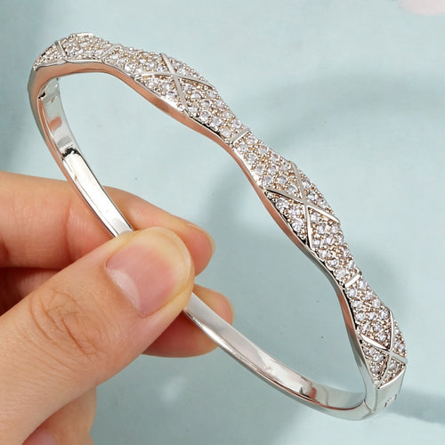 Electroplated Zircon Crossover Bangle - Gold Elliptical Cuff Bracelet for Women - Elegant Daily Wear | AURUM WAVE
