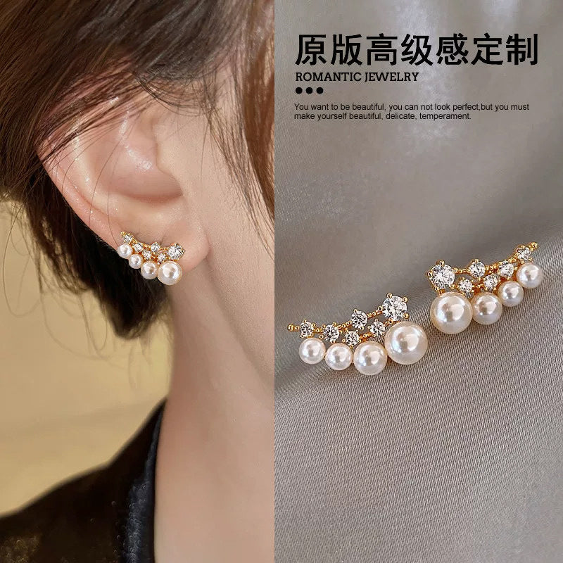Zircon Pearl Row Earrings - Layered Crystal Stud Earrings for Women - Bridal Wedding Party Jewelry | AURUM WAVE