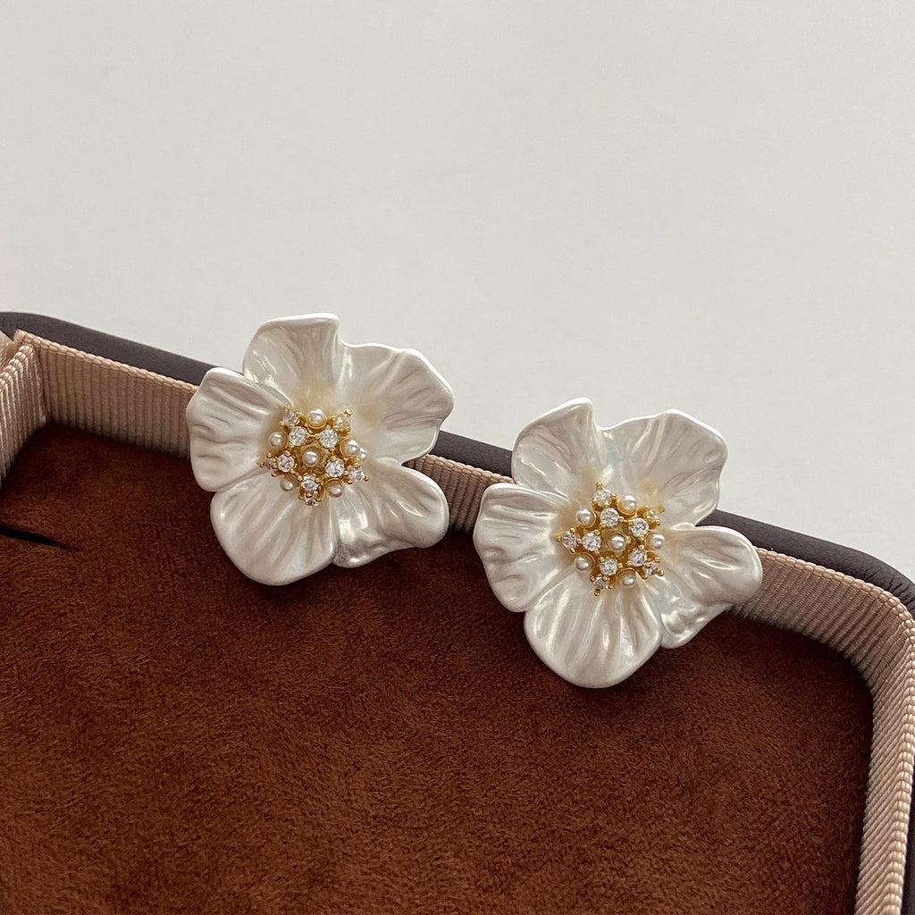 Camellia Pearl Stud Earrings - White Floral Flower Earrings for Women - Titanium Steel Hypoallergenic Gift | AURUM WAVE