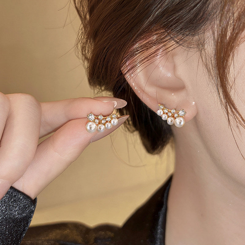 Zircon Pearl Row Earrings - Layered Crystal Stud Earrings for Women - Bridal Wedding Party Jewelry | AURUM WAVE