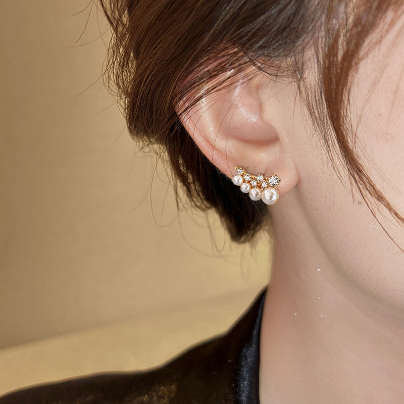Zircon Pearl Row Earrings - Layered Crystal Stud Earrings for Women - Bridal Wedding Party Jewelry | AURUM WAVE