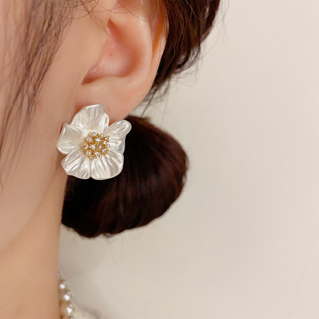 Camellia Pearl Stud Earrings - White Floral Flower Earrings for Women - Titanium Steel Hypoallergenic Gift | AURUM WAVE