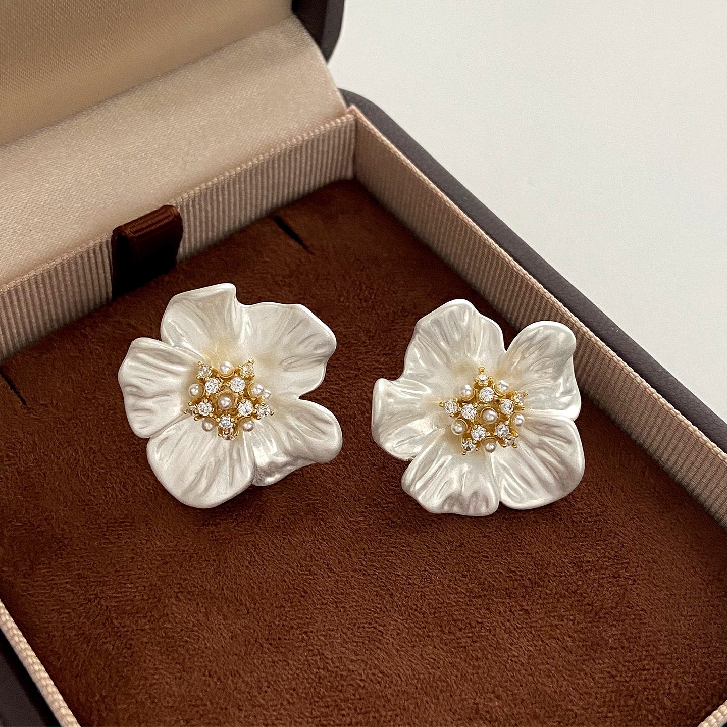 Camellia Pearl Stud Earrings - White Floral Flower Earrings for Women - Titanium Steel Hypoallergenic Gift | AURUM WAVE