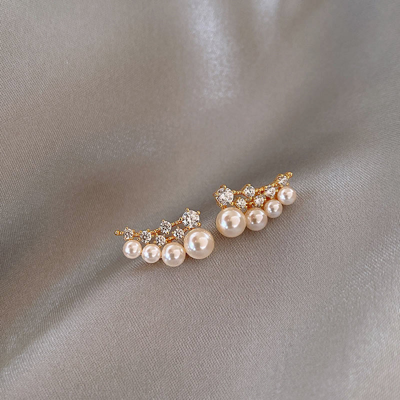 Zircon Pearl Row Earrings - Layered Crystal Stud Earrings for Women - Bridal Wedding Party Jewelry | AURUM WAVE