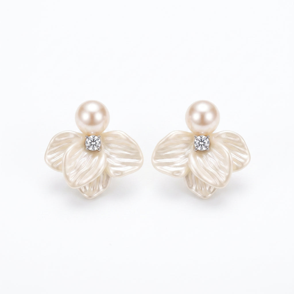Layered Petal Earrings - Pearl Zircon Flower Earrings for Women - Vintage Floral Statement Jewelry | AURUM WAVE