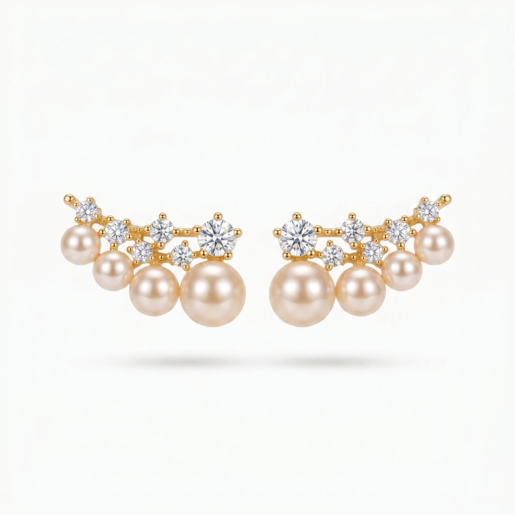 Zircon Pearl Row Earrings - Layered Crystal Stud Earrings for Women - Bridal Wedding Party Jewelry | AURUM WAVE